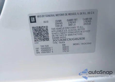 2018 Chevrolet Silverado 1500 2Lt z USA, uszkodzony, nr VIN 3GCUKREC9JG452836